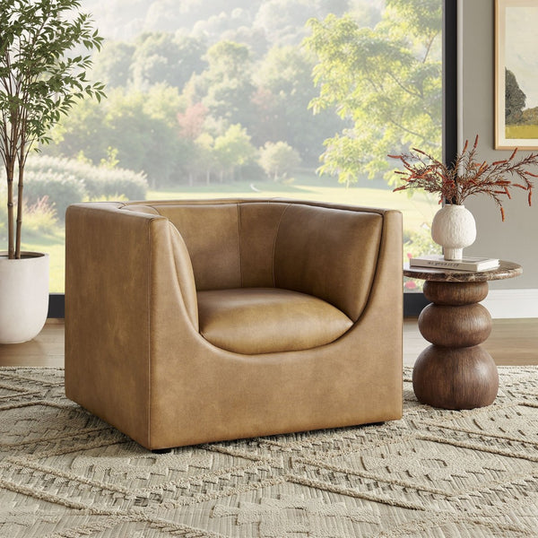Modway Furniture Hilda Sculptural Lounge Chair with Pebbled Vegan Leather and Curved Wraparound Arms Toast EEI-7569-TST