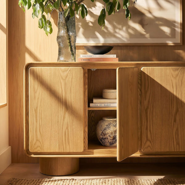 Modway Furniture Lumo Modway Curved Wood Veneer Credenza with Push Open Doors for Modern Living EEI-7578-OAK