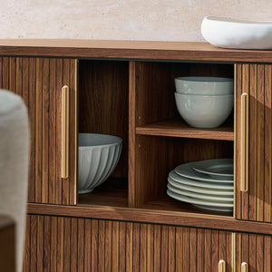 Modway Furniture Radcliffe Fluted Curved Buffet with Tambour Doors and Gold Pulls for Dining Rooms EEI-7583-WAL