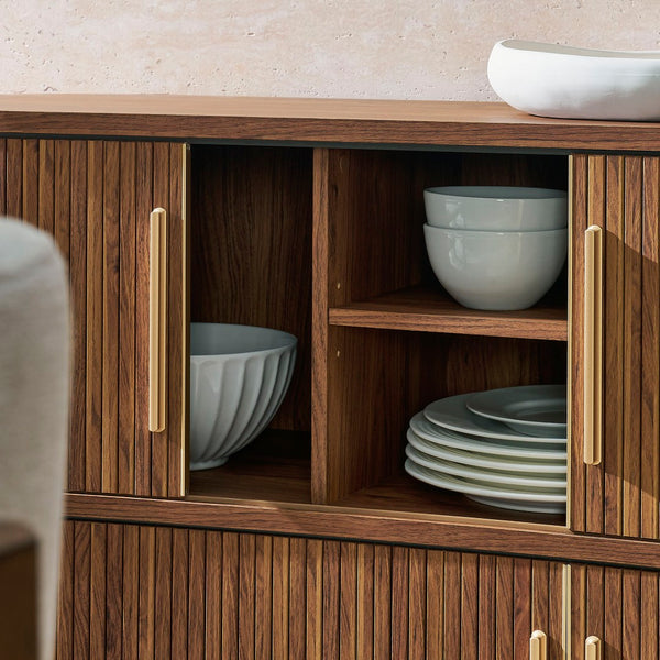 Modway Furniture Radcliffe Fluted Curved Buffet with Tambour Doors and Gold Pulls for Dining Rooms EEI-7583-WAL