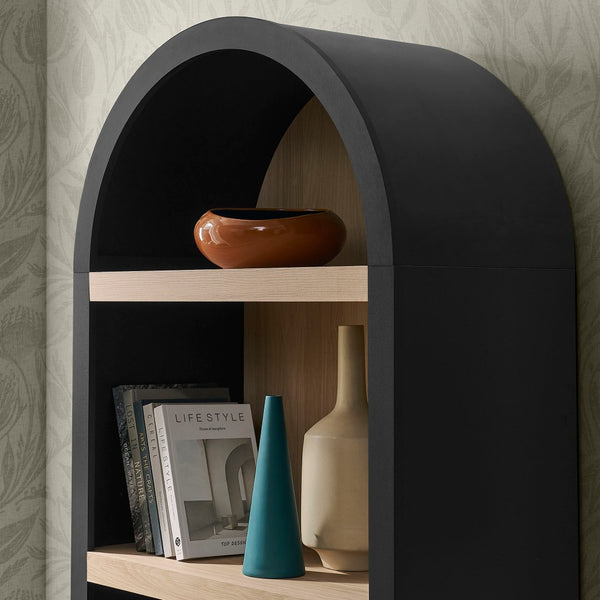 Modway Furniture Caleb Arched Four Tier Open Bookcase Wood Grain Shelving for Living Room Display Black EEI-7584-BLK-OAK