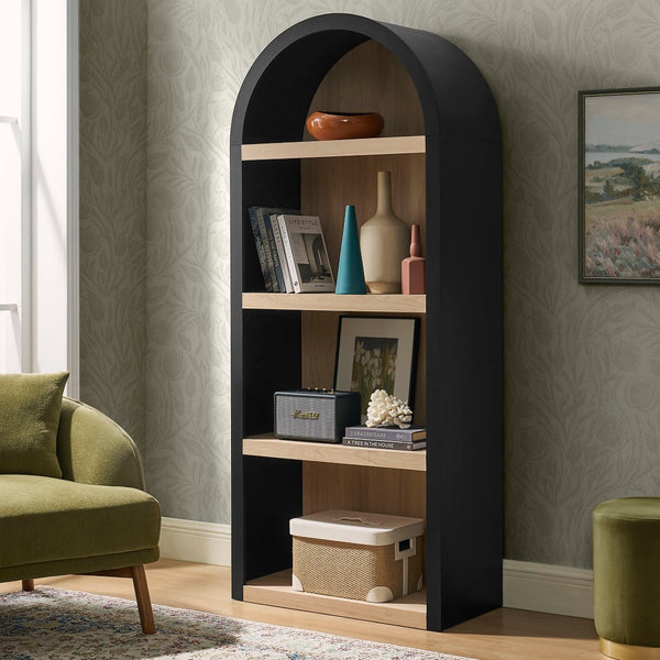 Modway Furniture Caleb Arched Four Tier Open Bookcase Wood Grain Shelving for Living Room Display Black EEI-7584-BLK-OAK