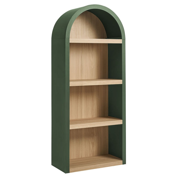 Modway Furniture Caleb Arched Four Tier Open Bookcase Wood Grain Shelving for Living Room Display Hunter Green EEI-7584-GRN-OAK
