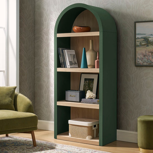 Modway Furniture Caleb Arched Four Tier Open Bookcase Wood Grain Shelving for Living Room Display Hunter Green EEI-7584-GRN-OAK