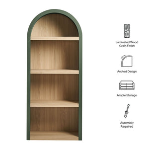 Modway Furniture Caleb Arched Four Tier Open Bookcase Wood Grain Shelving for Living Room Display Hunter Green EEI-7584-GRN-OAK