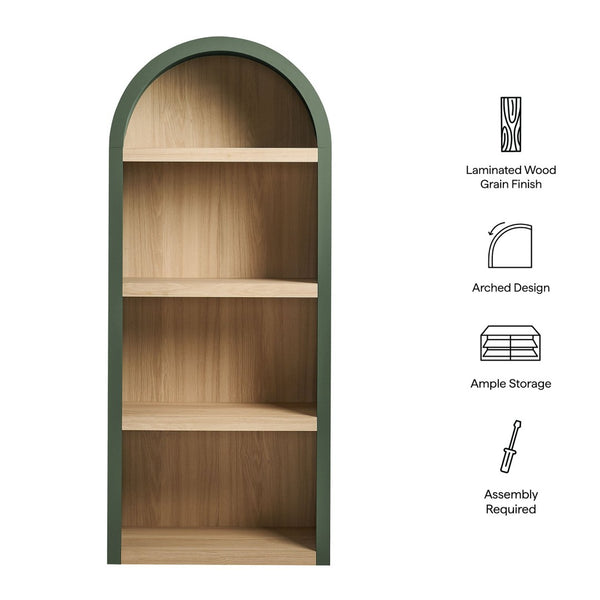 Modway Furniture Caleb Arched Four Tier Open Bookcase Wood Grain Shelving for Living Room Display Hunter Green EEI-7584-GRN-OAK