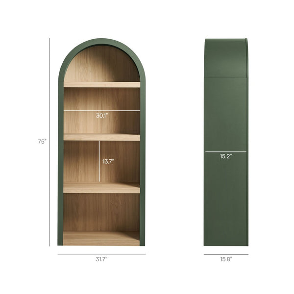 Modway Furniture Caleb Arched Four Tier Open Bookcase Wood Grain Shelving for Living Room Display Hunter Green EEI-7584-GRN-OAK