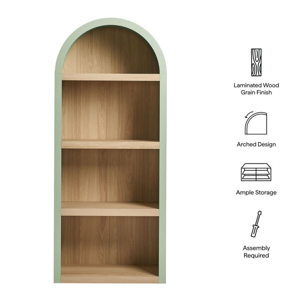 Modway Furniture Caleb Arched Four Tier Open Bookcase Wood Grain Shelving for Living Room Display Sage EEI-7584-SGE-OAK