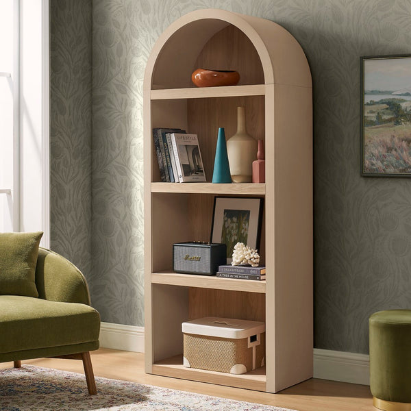 Modway Furniture Caleb Arched Four Tier Open Bookcase Wood Grain Shelving for Living Room Display Tan EEI-7584-TAN-OAK