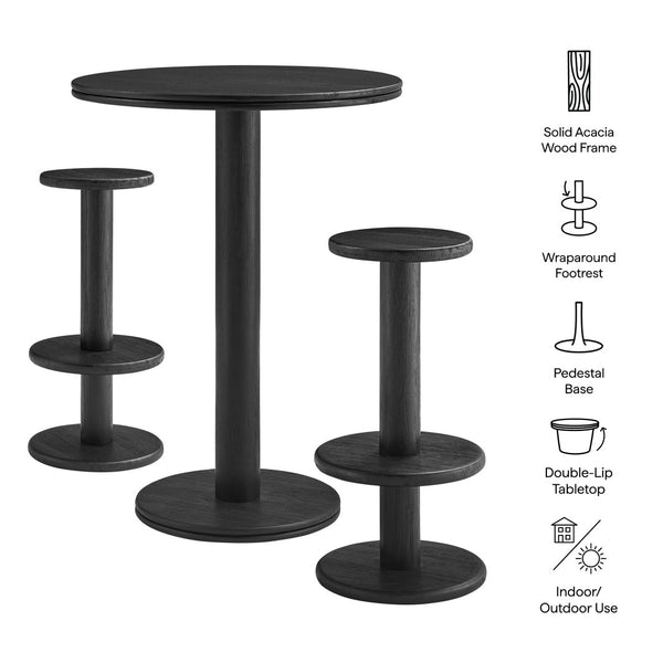 Modway Furniture Neo Acacia Wood 3 Piece Bar Set with Pedestal Table and Stools for Patio or Kitchen Black EEI-7587-BLK
