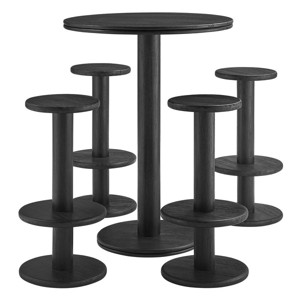 Modway Furniture Neo Acacia Wood 5 Piece Outdoor Bar Set with Round Pedestal Table and Four Stools Black EEI-7588-BLK