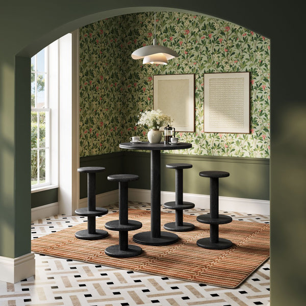 Modway Furniture Neo Acacia Wood 5 Piece Outdoor Bar Set with Round Pedestal Table and Four Stools Black EEI-7588-BLK