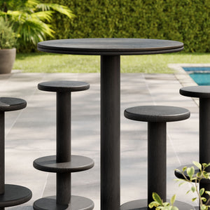 Modway Furniture Neo Acacia Wood 5 Piece Outdoor Bar Set with Round Pedestal Table and Four Stools Black EEI-7588-BLK
