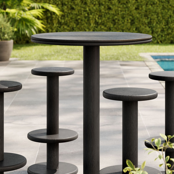 Modway Furniture Neo Acacia Wood 5 Piece Outdoor Bar Set with Round Pedestal Table and Four Stools Black EEI-7588-BLK