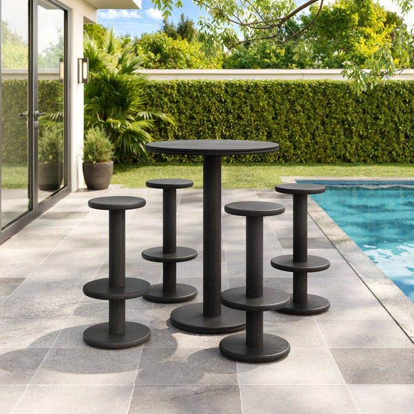 Modway Furniture Neo Acacia Wood 5 Piece Outdoor Bar Set with Round Pedestal Table and Four Stools Black EEI-7588-BLK