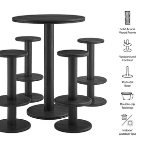 Modway Furniture Neo Acacia Wood 5 Piece Outdoor Bar Set with Round Pedestal Table and Four Stools Black EEI-7588-BLK