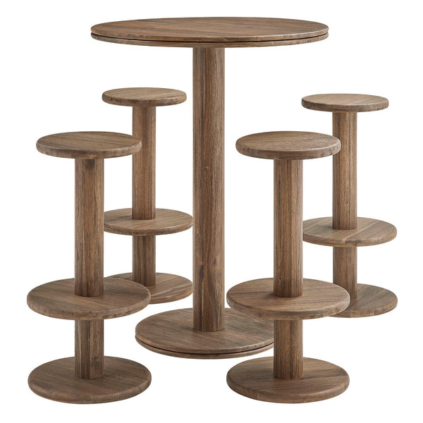 Modway Furniture Neo Acacia Wood 5 Piece Outdoor Bar Set with Round Pedestal Table and Four Stools Cocoa Brown EEI-7588-COA