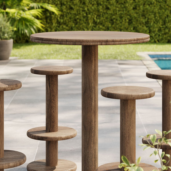 Modway Furniture Neo Acacia Wood 5 Piece Outdoor Bar Set with Round Pedestal Table and Four Stools Cocoa Brown EEI-7588-COA