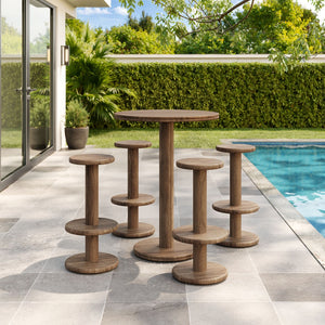 Modway Furniture Neo Acacia Wood 5 Piece Outdoor Bar Set with Round Pedestal Table and Four Stools Cocoa Brown EEI-7588-COA