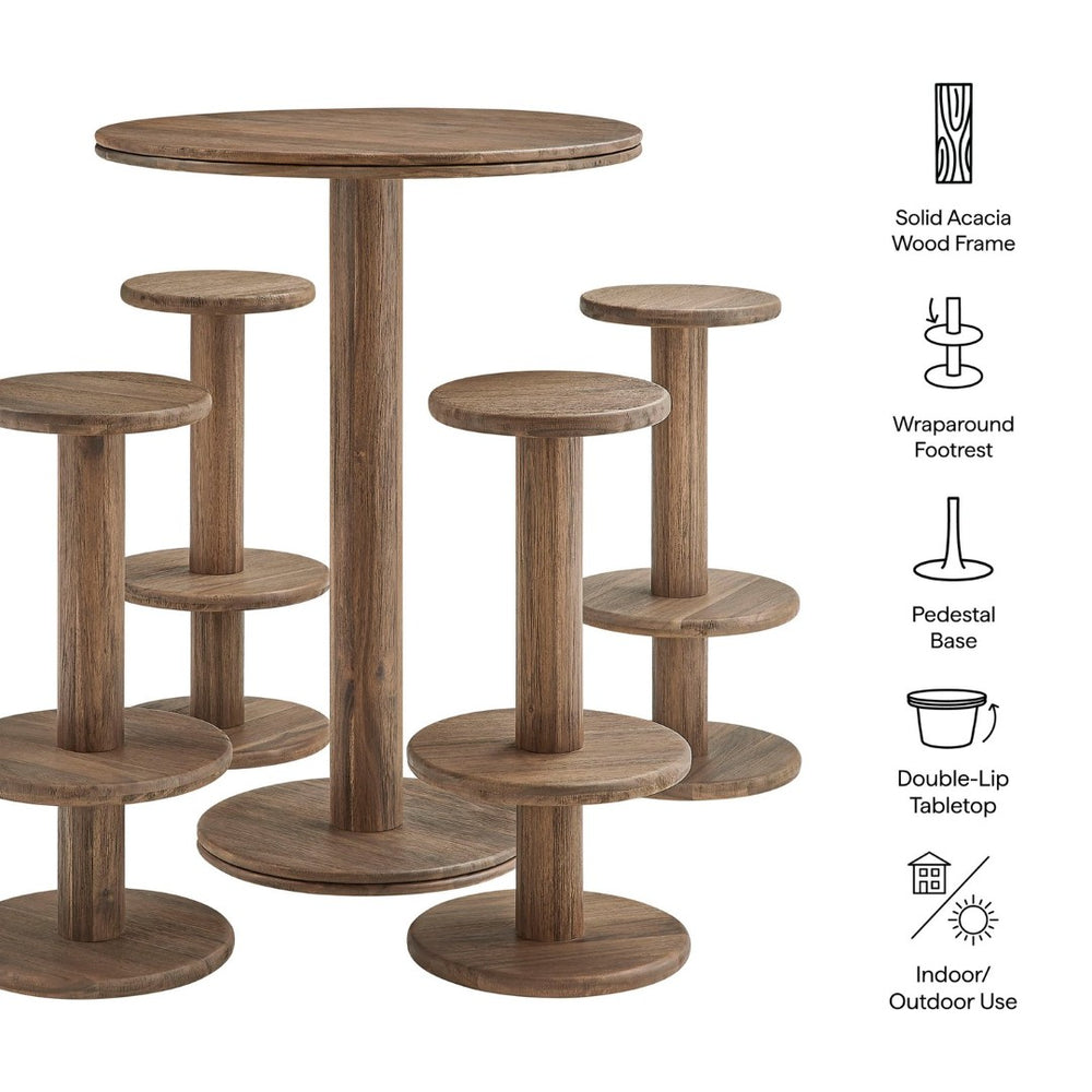 Modway Furniture Neo Acacia Wood 5 Piece Outdoor Bar Set with Round Pedestal Table and Four Stools Cocoa Brown EEI-7588-COA