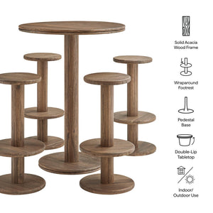 Modway Furniture Neo Acacia Wood 5 Piece Outdoor Bar Set with Round Pedestal Table and Four Stools Cocoa Brown EEI-7588-COA