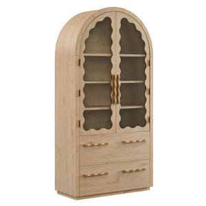 Modway Furniture Rory Arched Glass Door Pantry Cabinet with Scalloped Detail and Adjustable Shelves Light Oak EEI-7589-LOA