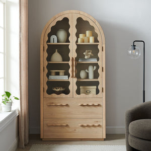 Modway Furniture Rory Arched Glass Door Pantry Cabinet with Scalloped Detail and Adjustable Shelves Light Oak EEI-7589-LOA