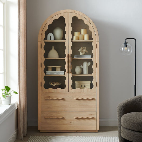 Modway Furniture Rory Arched Glass Door Pantry Cabinet with Scalloped Detail and Adjustable Shelves Light Oak EEI-7589-LOA