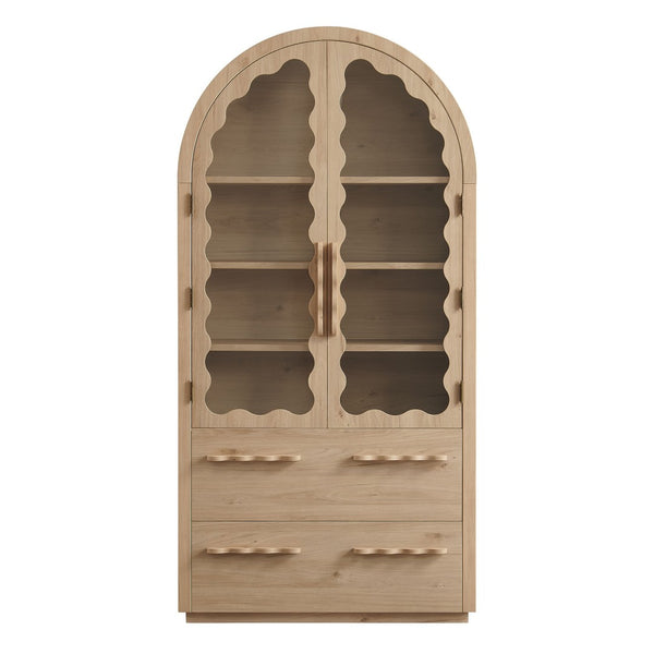 Modway Furniture Rory Arched Glass Door Pantry Cabinet with Scalloped Detail and Adjustable Shelves Light Oak EEI-7589-LOA