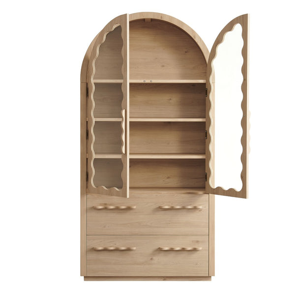 Modway Furniture Rory Arched Glass Door Pantry Cabinet with Scalloped Detail and Adjustable Shelves Light Oak EEI-7589-LOA