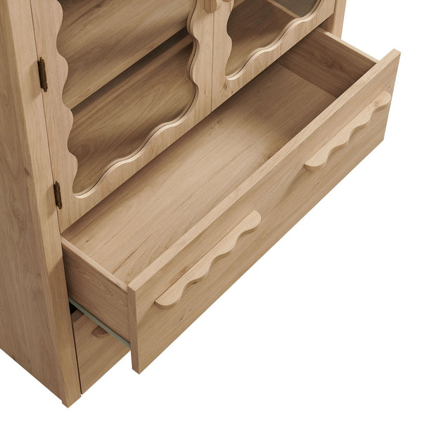Modway Furniture Rory Arched Glass Door Pantry Cabinet with Scalloped Detail and Adjustable Shelves Light Oak EEI-7589-LOA