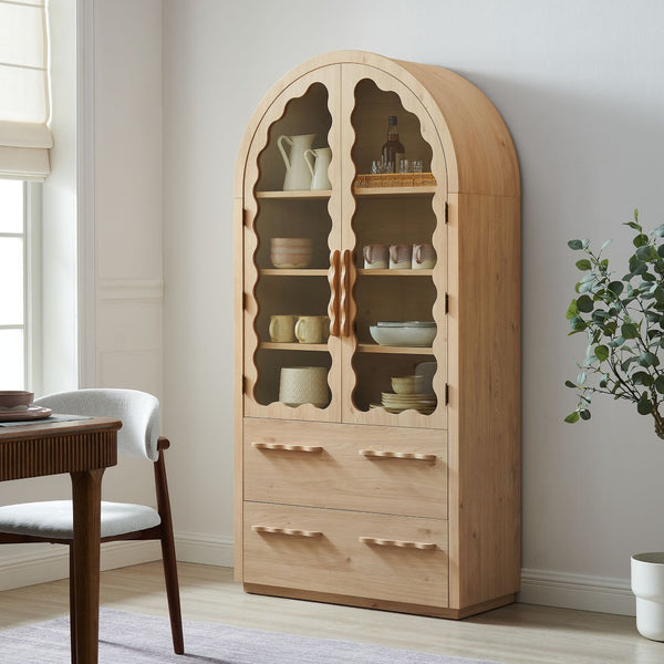 Modway Furniture Rory Arched Glass Door Pantry Cabinet with Scalloped Detail and Adjustable Shelves Light Oak EEI-7589-LOA