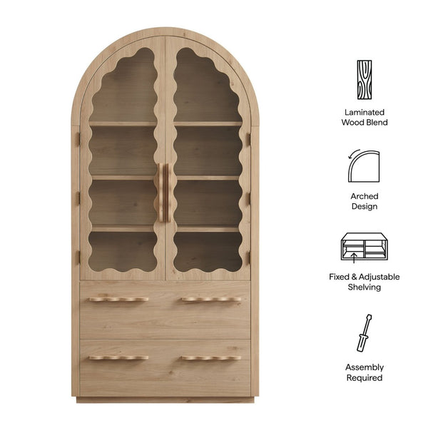 Modway Furniture Rory Arched Glass Door Pantry Cabinet with Scalloped Detail and Adjustable Shelves Light Oak EEI-7589-LOA
