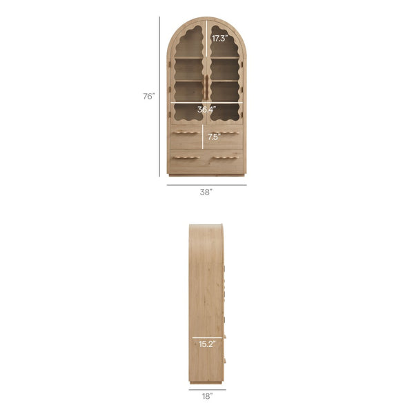 Modway Furniture Rory Arched Glass Door Pantry Cabinet with Scalloped Detail and Adjustable Shelves Light Oak EEI-7589-LOA