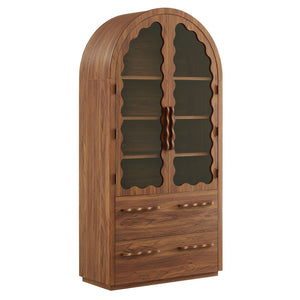 Modway Furniture Rory Arched Glass Door Pantry Cabinet with Scalloped Detail and Adjustable Shelves Walnut EEI-7589-WAL