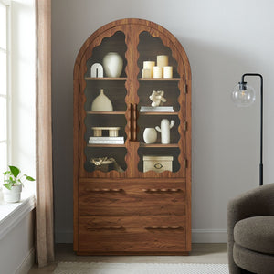 Modway Furniture Rory Arched Glass Door Pantry Cabinet with Scalloped Detail and Adjustable Shelves Walnut EEI-7589-WAL