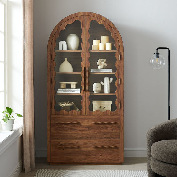 Modway Furniture Rory Arched Glass Door Pantry Cabinet with Scalloped Detail and Adjustable Shelves Walnut EEI-7589-WAL