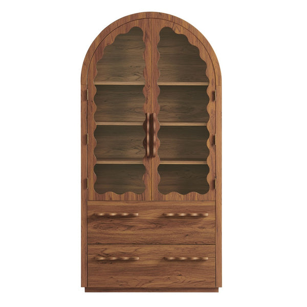 Modway Furniture Rory Arched Glass Door Pantry Cabinet with Scalloped Detail and Adjustable Shelves Walnut EEI-7589-WAL