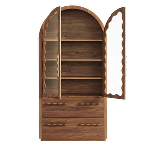 Modway Furniture Rory Arched Glass Door Pantry Cabinet with Scalloped Detail and Adjustable Shelves Walnut EEI-7589-WAL