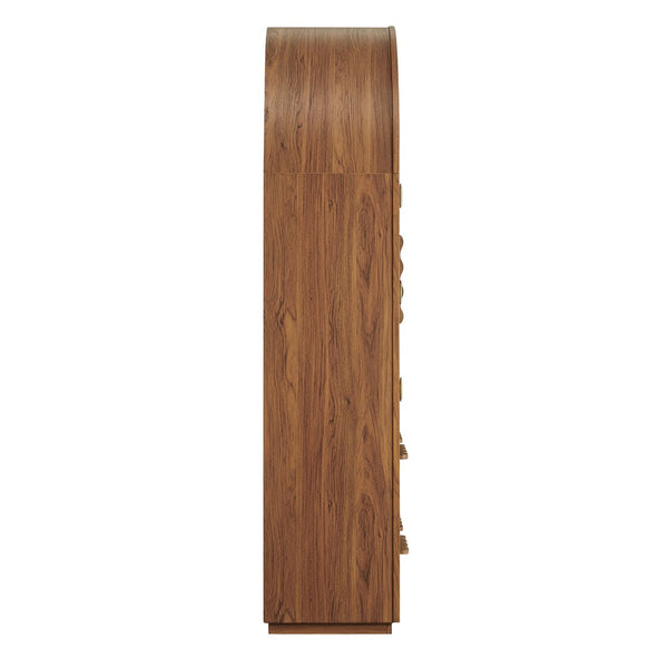 Modway Furniture Rory Arched Glass Door Pantry Cabinet with Scalloped Detail and Adjustable Shelves Walnut EEI-7589-WAL