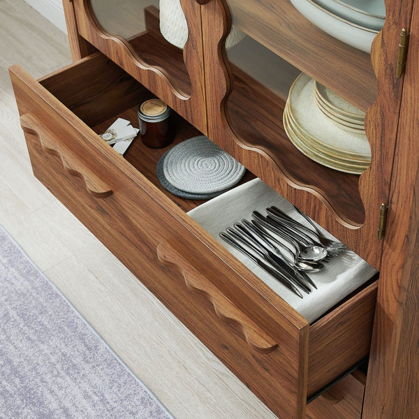 Modway Furniture Rory Arched Glass Door Pantry Cabinet with Scalloped Detail and Adjustable Shelves Walnut EEI-7589-WAL