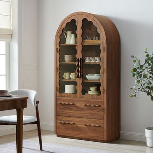 Modway Furniture Rory Arched Glass Door Pantry Cabinet with Scalloped Detail and Adjustable Shelves Walnut EEI-7589-WAL