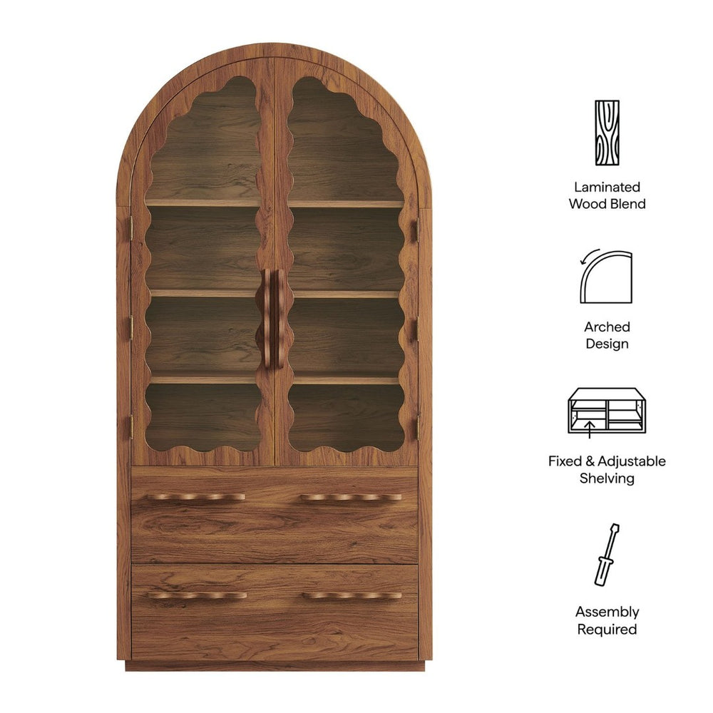 Modway Furniture Rory Arched Glass Door Pantry Cabinet with Scalloped Detail and Adjustable Shelves Walnut EEI-7589-WAL