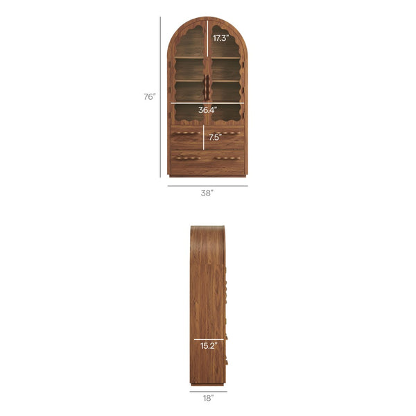 Modway Furniture Rory Arched Glass Door Pantry Cabinet with Scalloped Detail and Adjustable Shelves Walnut EEI-7589-WAL