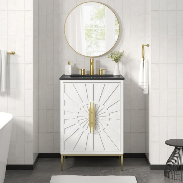 Modway Furniture Awaken 24 Inch Bathroom Vanity with Gold Hardware Solid Wood Modern Spa Design White Black EEI-7592-WHI-BLK
