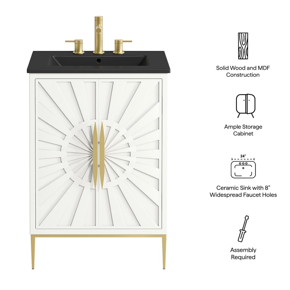 Modway Furniture Awaken 24 Inch Bathroom Vanity with Gold Hardware Solid Wood Modern Spa Design White Black EEI-7592-WHI-BLK