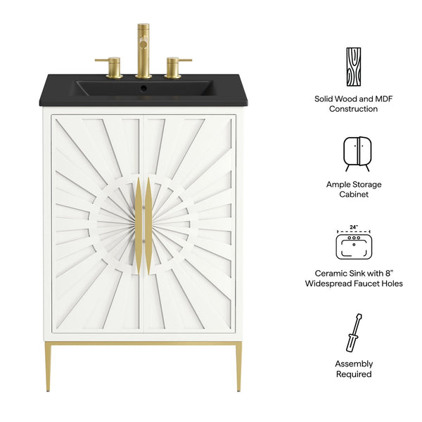 Modway Furniture Awaken 24 Inch Bathroom Vanity with Gold Hardware Solid Wood Modern Spa Design White Black EEI-7592-WHI-BLK