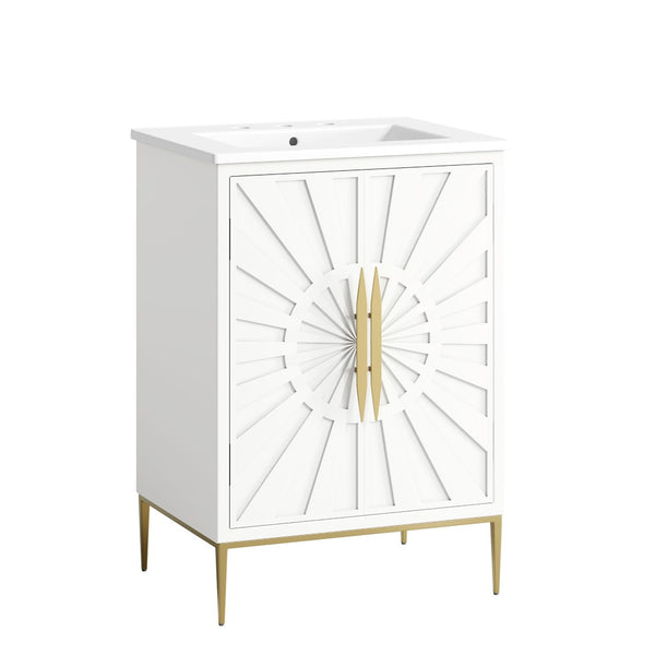 Modway Furniture Awaken 24 Inch Bathroom Vanity with Gold Hardware Solid Wood Modern Spa Design White White EEI-7592-WHI-WHI