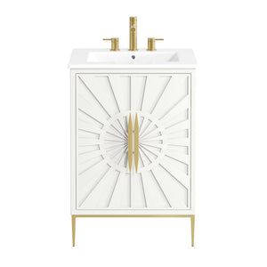 Modway Furniture Awaken 24 Inch Bathroom Vanity with Gold Hardware Solid Wood Modern Spa Design White White EEI-7592-WHI-WHI