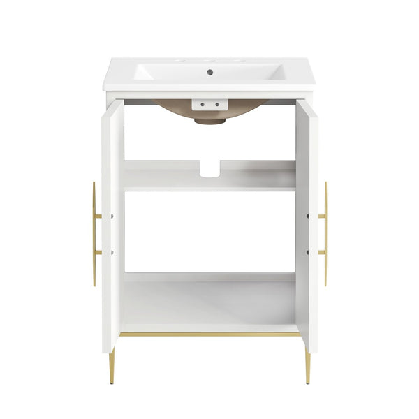 Modway Furniture Awaken 24 Inch Bathroom Vanity with Gold Hardware Solid Wood Modern Spa Design White White EEI-7592-WHI-WHI